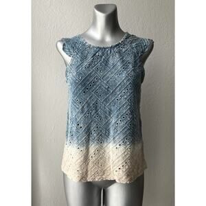 Lucky Brand XS Blue Eyelet Sleeveless Shirt Ombre Open Back Summer Boho Coastal